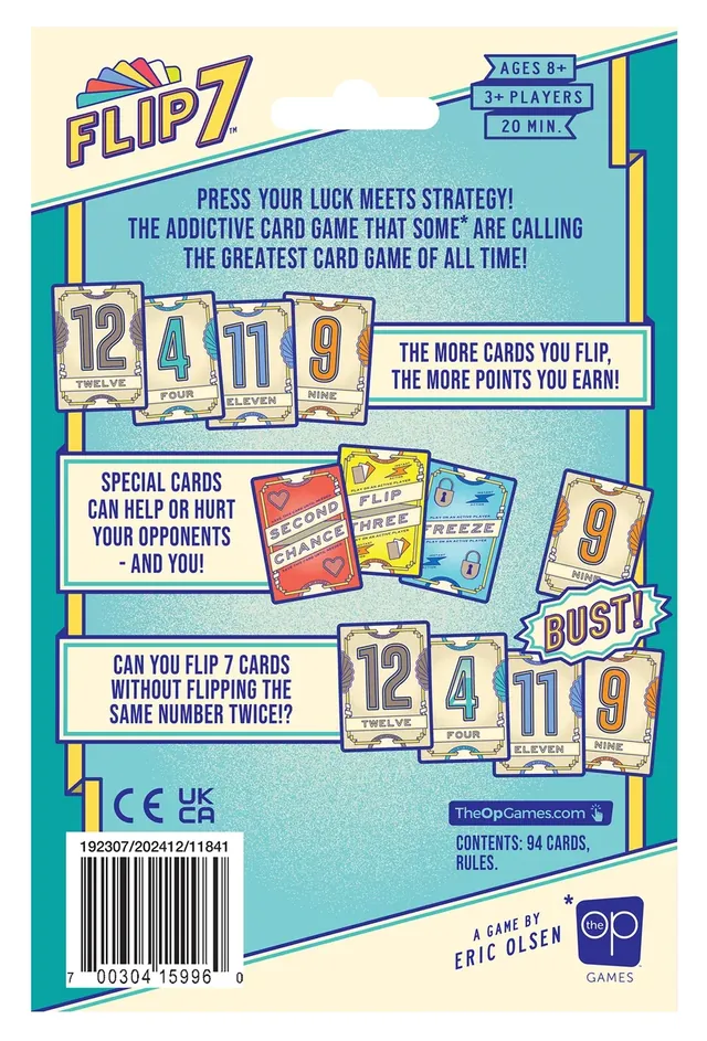 The back of the Flip 7 2nd Edition box, with a short rules summary and example cards