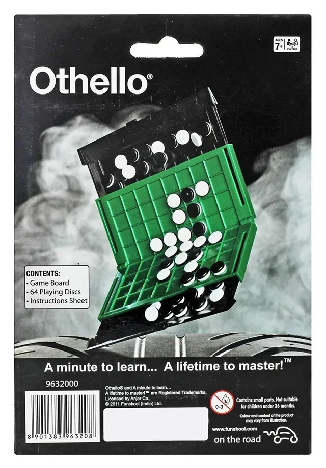 The back of the Travel Othello pack, with the open folding board and the contents list