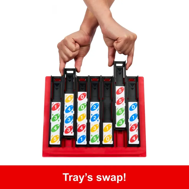 Two hands lifting a tray out of the UNO Quatro grid to swap it with another
