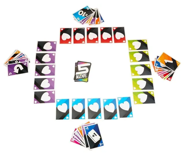 A table set for four: each player's row of five Alive cards, with hands of cards and the draw pile in the middle