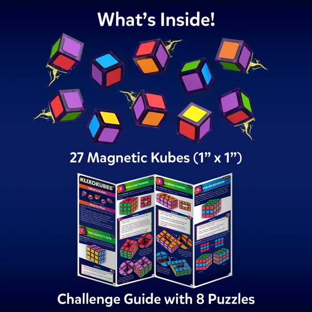 27 small magnetic cubes with coloured faces and the fold-out challenge guide