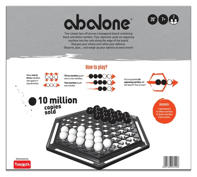 The back of the Abalone box, with picture rules, the board with its marbles and the contents list