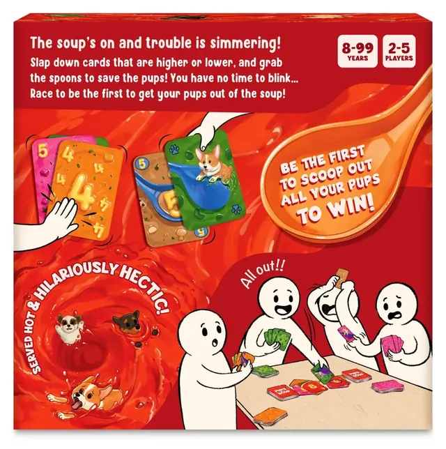 The back of the box: the game's description, cards being slapped down and players shouting All out!