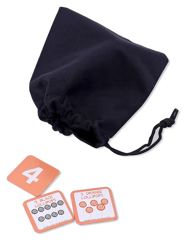 The black token bag with three counting tokens, one showing the number 4 and two showing groups of lollipops