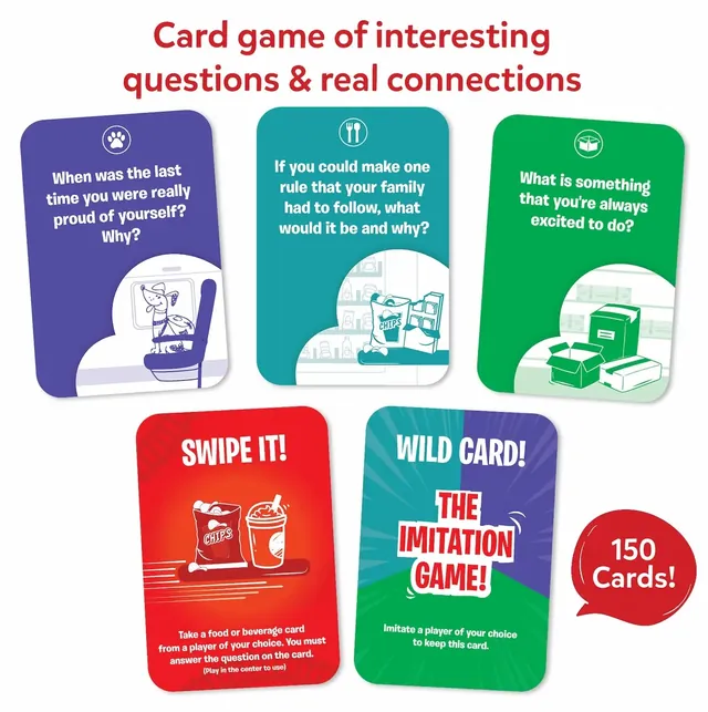 Train of Thought cards: three question cards in purple, teal and green, a Swipe It! action card and a Wild Card
