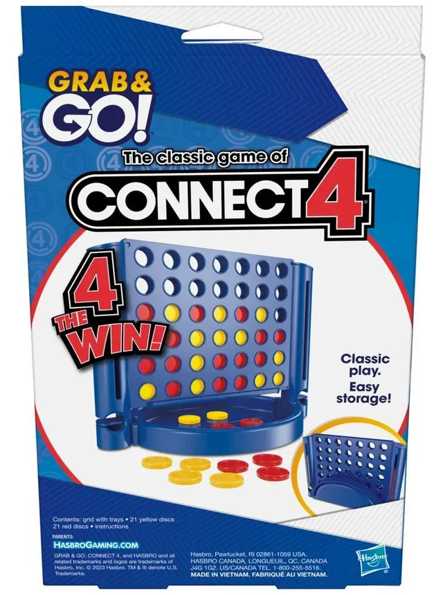 The back of the Connect 4 Grab & Go box, with the grid and the contents list