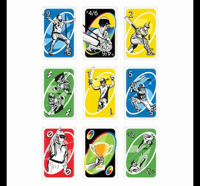 Nine UNO Cricket cards: numbers in four colours with batsmen and bowlers, a Wild 4/6 card and a trophy card
