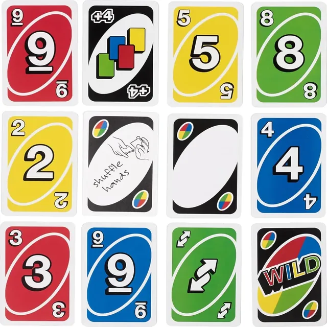 Twelve UNO cards in a grid: numbers, Skip, Reverse, Draw Two, Wild and a blank customisable Wild
