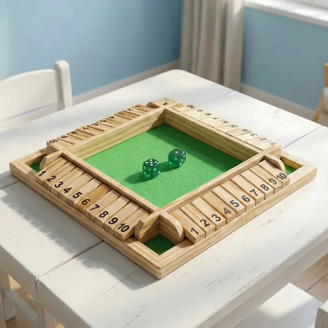 A classic wooden Shut the Box with one row of numbered tiles and two dice on green felt, on a table