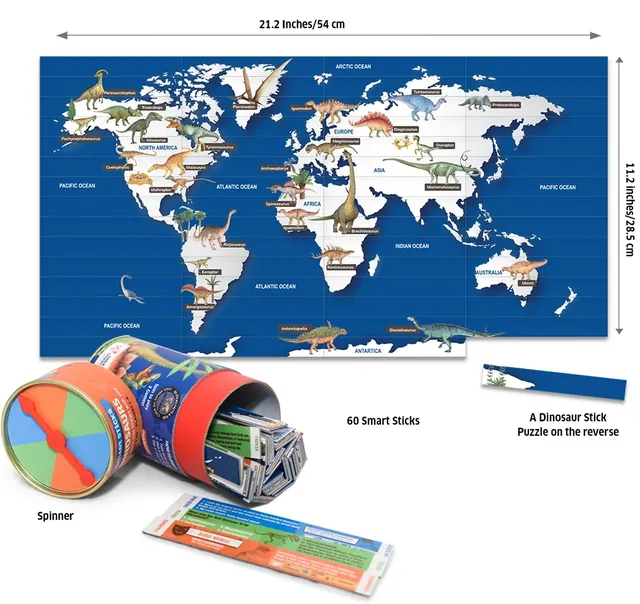 What's in the box: 60 smart sticks, the spinner and a Dinosaurs of the World stick puzzle of 54 x 28.5 cm on the reverse