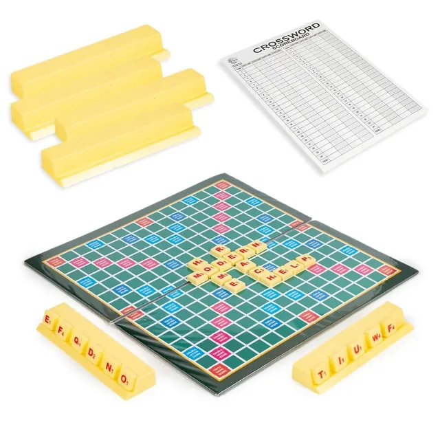 Junior Crossword board with letter tiles, four racks and score sheet