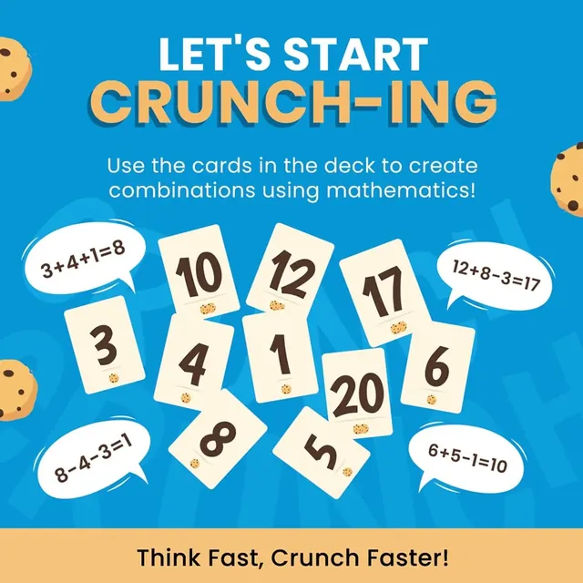 Number cards with sums such as 3 + 4 + 1 = 8 and 12 + 8 - 3 = 17