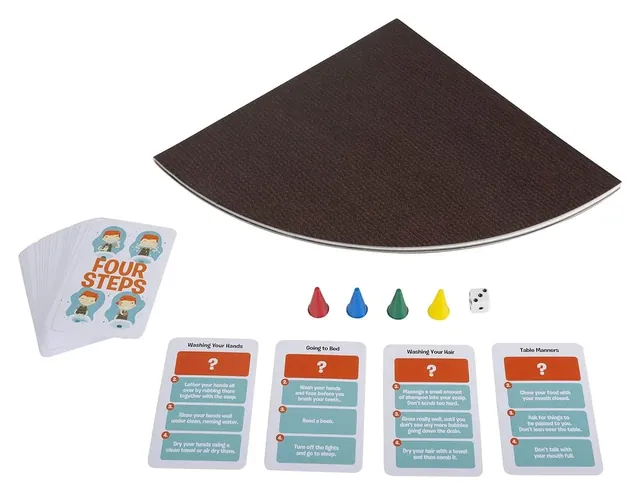 Four task cards such as Washing Your Hands and Going to Bed, with four pawns, a die and the card pile