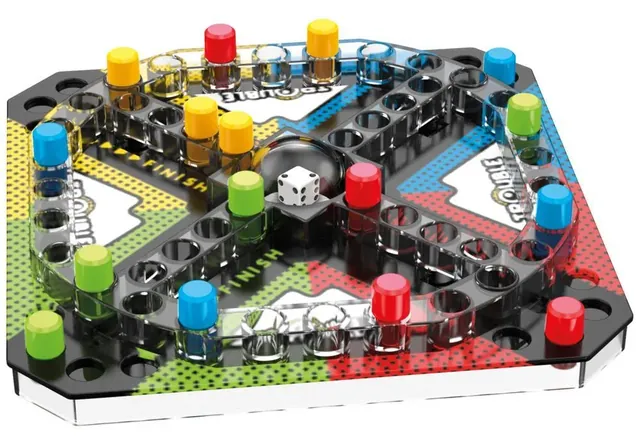 The small Trouble board with the clear Pop-O-Matic dome and yellow, blue, red and green pegs