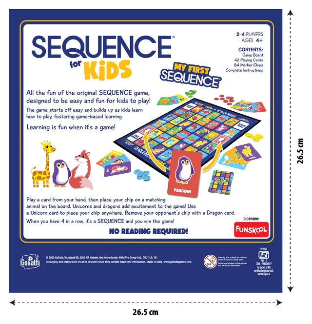 The back of the Sequence for Kids box, with the contents, a short how-to-play and the board