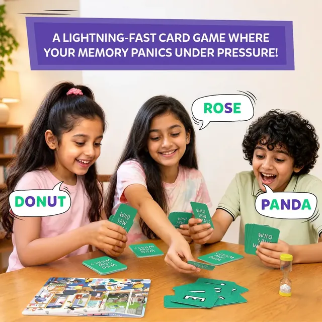 Skillmatics promotional photo of three children at a table shouting answers, with the sand timer beside them