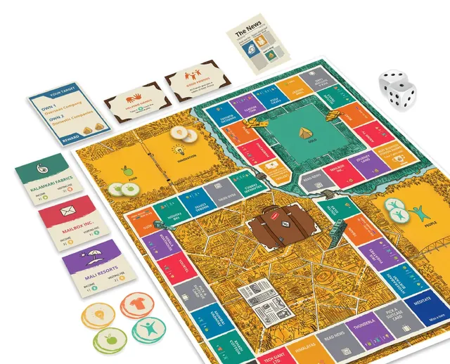 The Gold Quest board with company spaces, cards, the newspaper, resource tokens and two dice