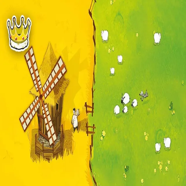 A domino with a wheat field and windmill on one half and grassland with sheep on the other, with a crown on the wheat
