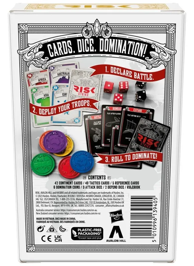 The back of the Risk Strike box: declare battle, deploy your troops, roll to dominate