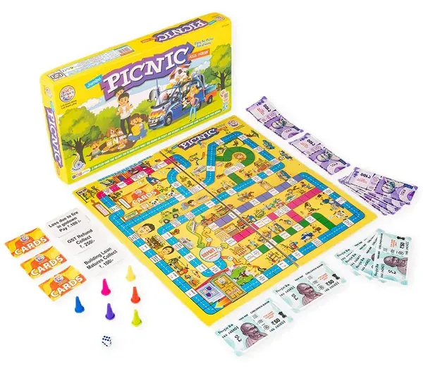 The box with the board, play money, cards, coloured tokens and a die