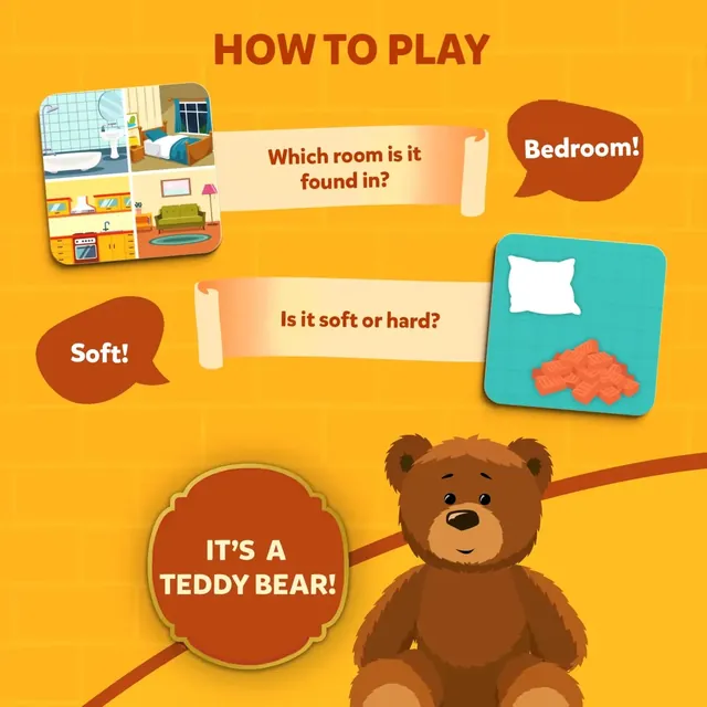 How to play: the tiles ask Which room is it found in? (bedroom) and Is it soft or hard? (soft), and the answer is a teddy bear
