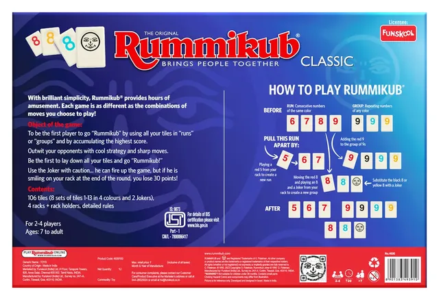 The back of the Funskool Rummikub Classic box