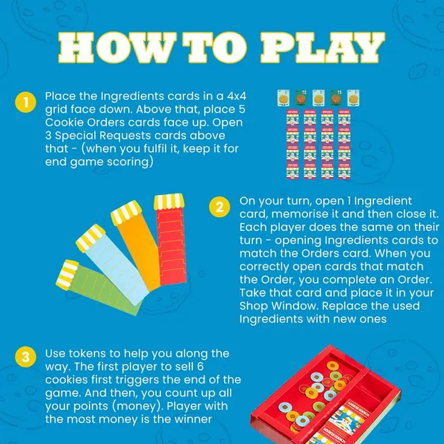 Binca's how-to-play picture: a four-by-four grid of hidden ingredients below the cookie orders