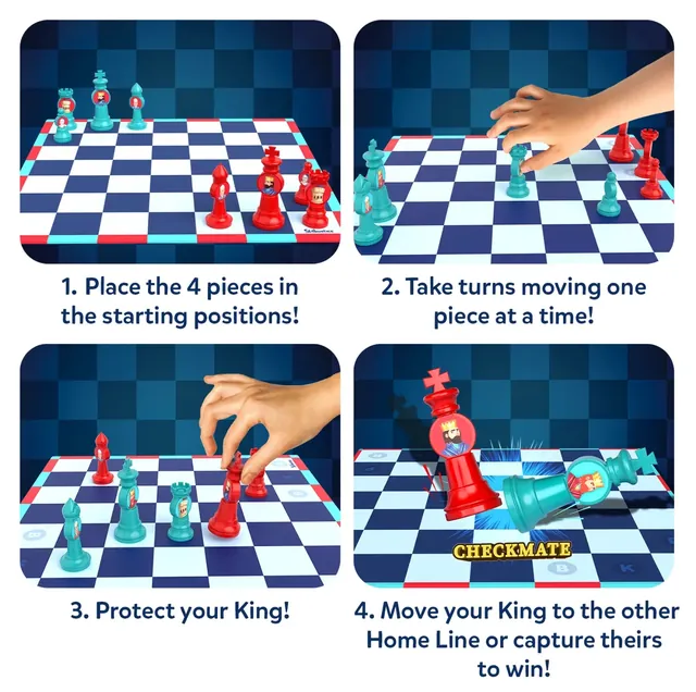 Four steps of play on the small board: setting out the pieces, moving one at a time, protecting the king and the king reaching the far line