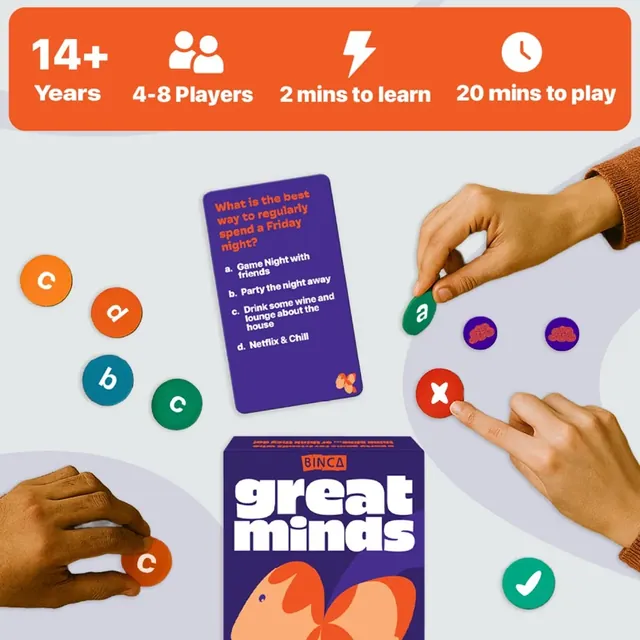 Hands placing tick and cross voting tokens beside a question card and the box