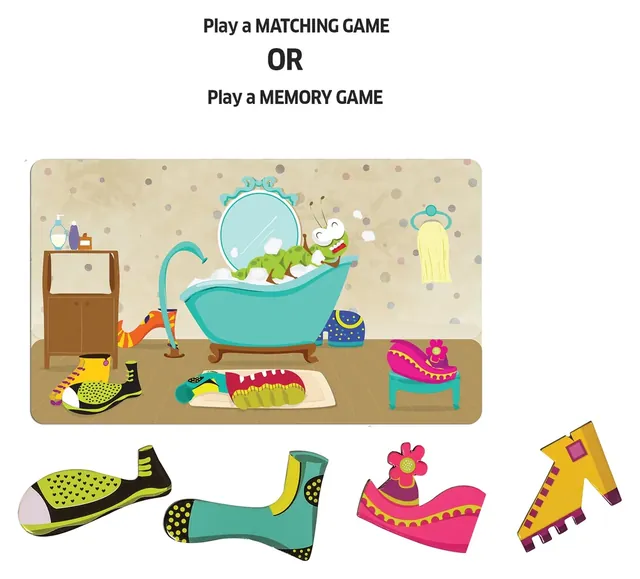 Play a matching game or a memory game: a bathroom scene card with the shoes to find below it