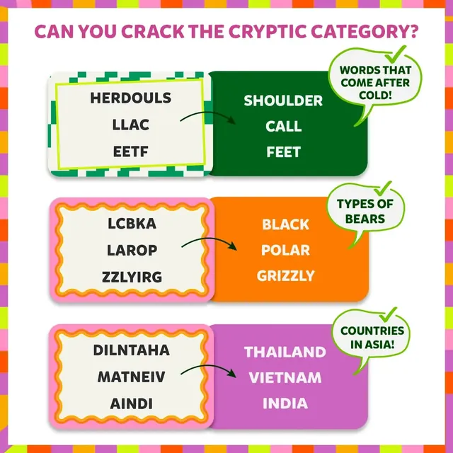 Three cards with scrambled words and their answers: words that come after cold, types of bears and countries in Asia