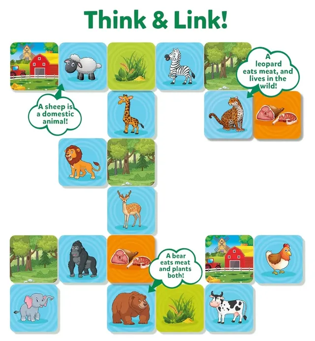 A path of tiles joining animals to grass, meat, the farm or the wild, with speech bubbles about a sheep, a leopard and a bear