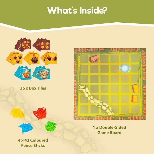 Binca's picture of the contents: 36 box tiles, a double-sided board and four sets of 42 coloured fence sticks
