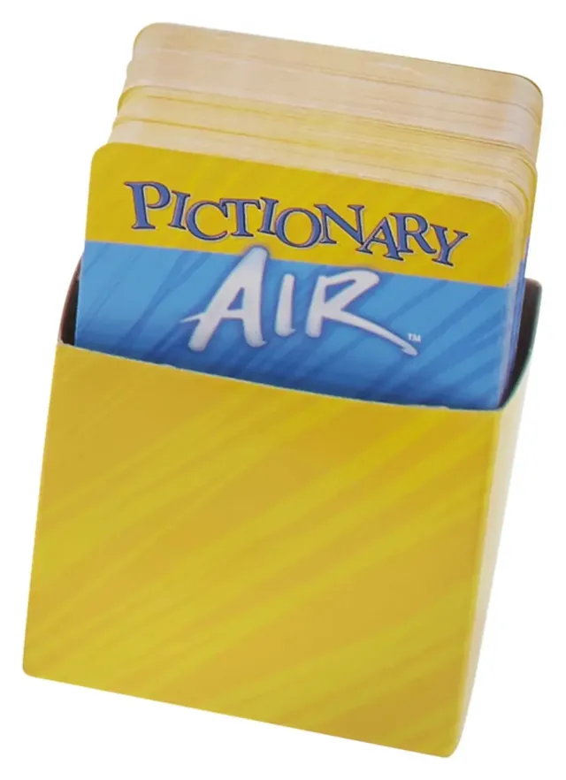 The Pictionary Air clue cards standing in their yellow card box