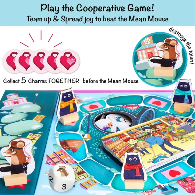The cooperative game: players team up to collect five heart charms before the Mean Mouse gets across town