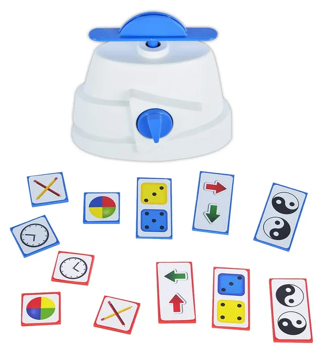 The white clockwork stand with a picture card holder on top, and loose picture tiles in front