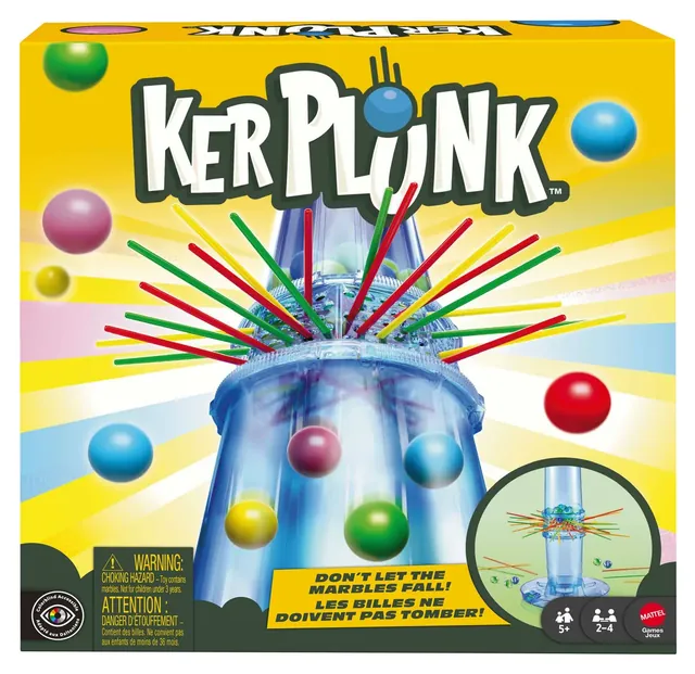 The box of Mattel's full-size Kerplunk game, with a tall clear tube, coloured sticks and marbles