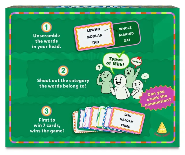 The back of the Cryptic Categories box, with the three steps of a game