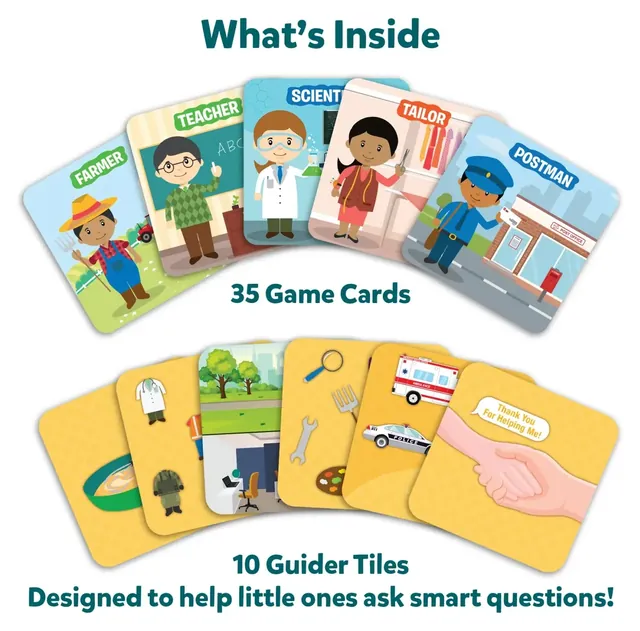 35 game cards, among them a farmer, a teacher, a scientist, a tailor and a postman, and 10 picture guider tiles