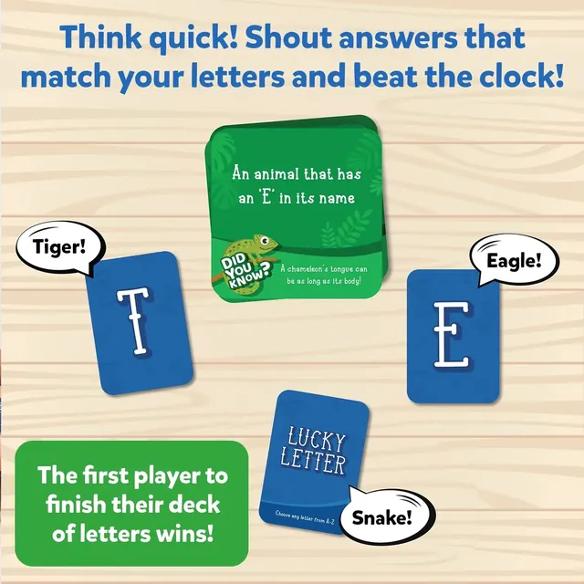 A category card asking for an animal with an E in its name, letter cards T and E, a Lucky Letter card, and speech bubbles saying Tiger!, Eagle! and Snake!