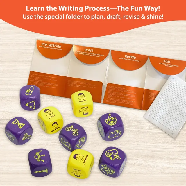 The writing folder open at its four pockets, pre-writing, draft, revise and edit, with dice in front