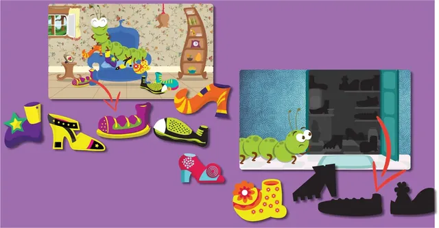 A coloured scene and its shadow version, with arrows from each shoe to its place