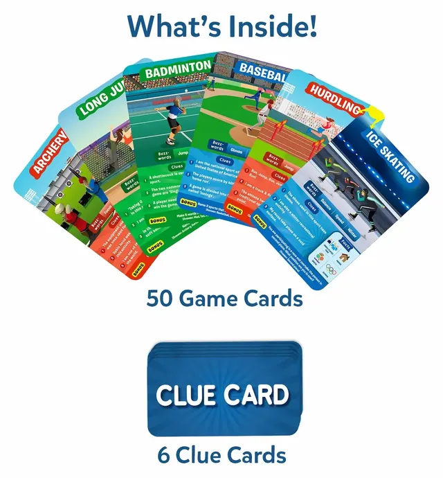 Sport game cards fanned out, such as archery, long jump, badminton, baseball, hurdling and ice skating, with a blue clue card