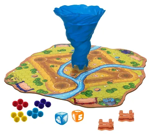 The board with the blue tornado in the middle, coloured sheep pom-poms, two dice and two fences