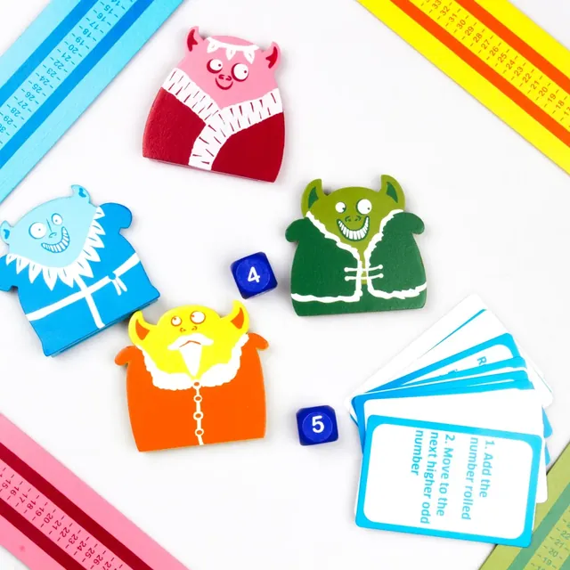 Monster sliders, two dice and a card asking you to add the number rolled and move to the next higher odd number