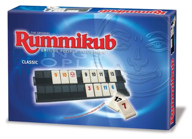 A Rummikub box with tiles standing in a black rack