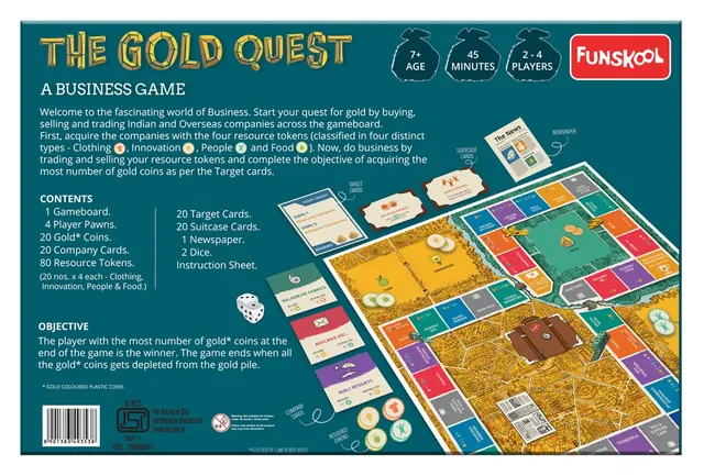 The back of the Gold Quest box, with the contents list, the objective and a picture of the board