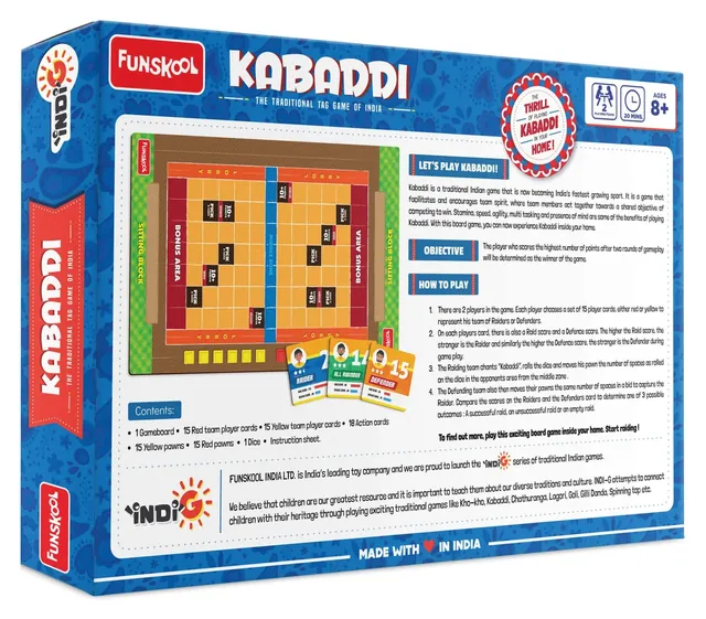 The back of the Kabaddi box, with the court board, player cards, the contents list and a 'Made with love in India' line