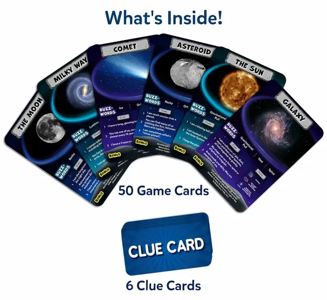 Space game cards fanned out, such as the Moon, the Milky Way, a comet, an asteroid, the Sun and a galaxy, with a blue clue card