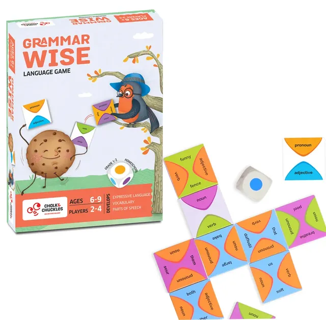 The box beside a layout of word tokens and the wooden die